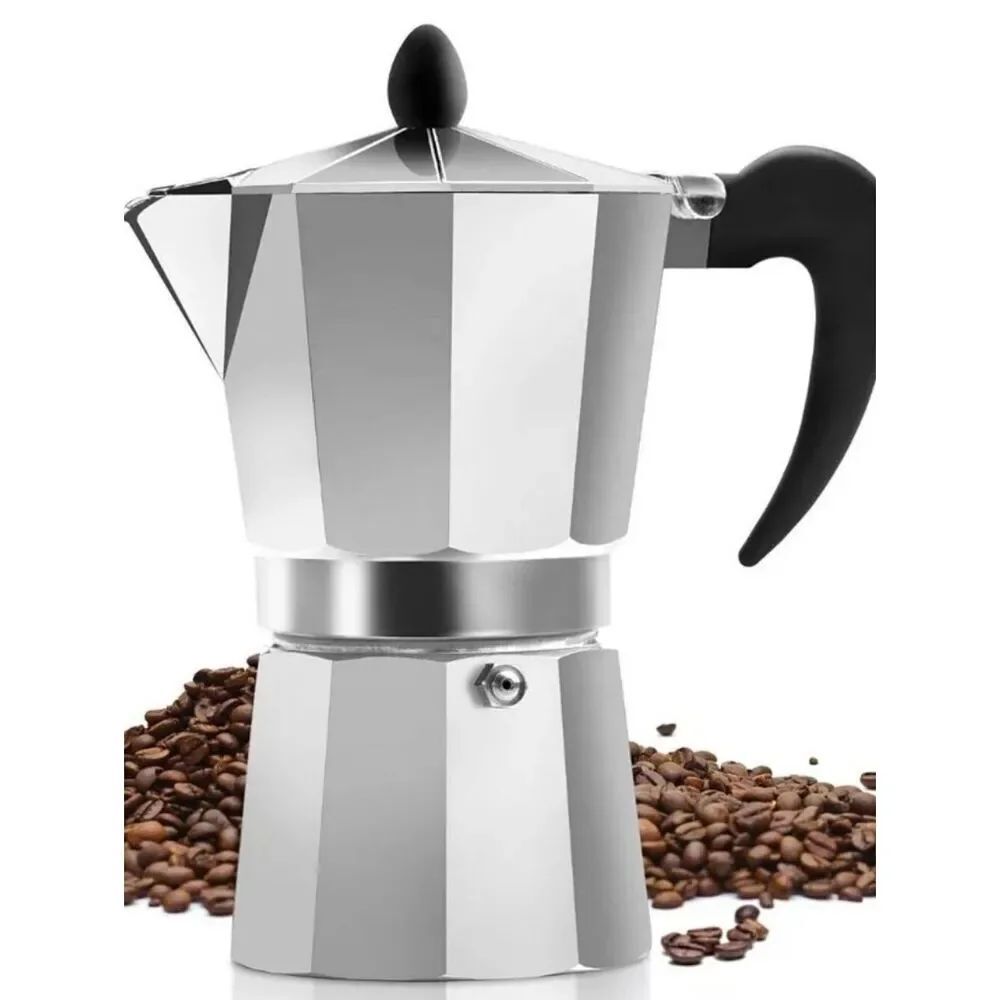 Espresso Maker Moka Pot Silver Aluminum with Black Handle